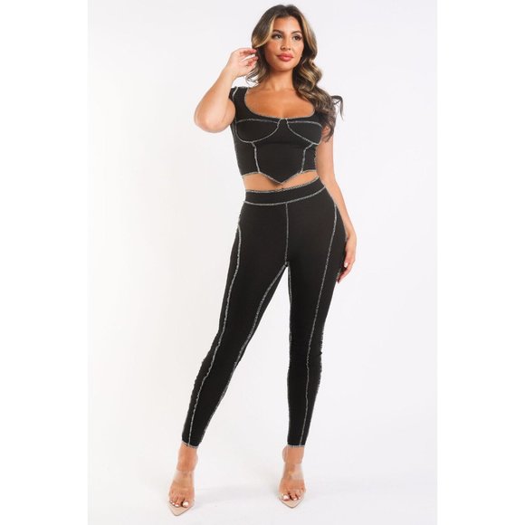 Women Ribbed Tops & Legging Set With Reverse Overlock Stitch Detail Short Sleeve - Picture 2 of 11